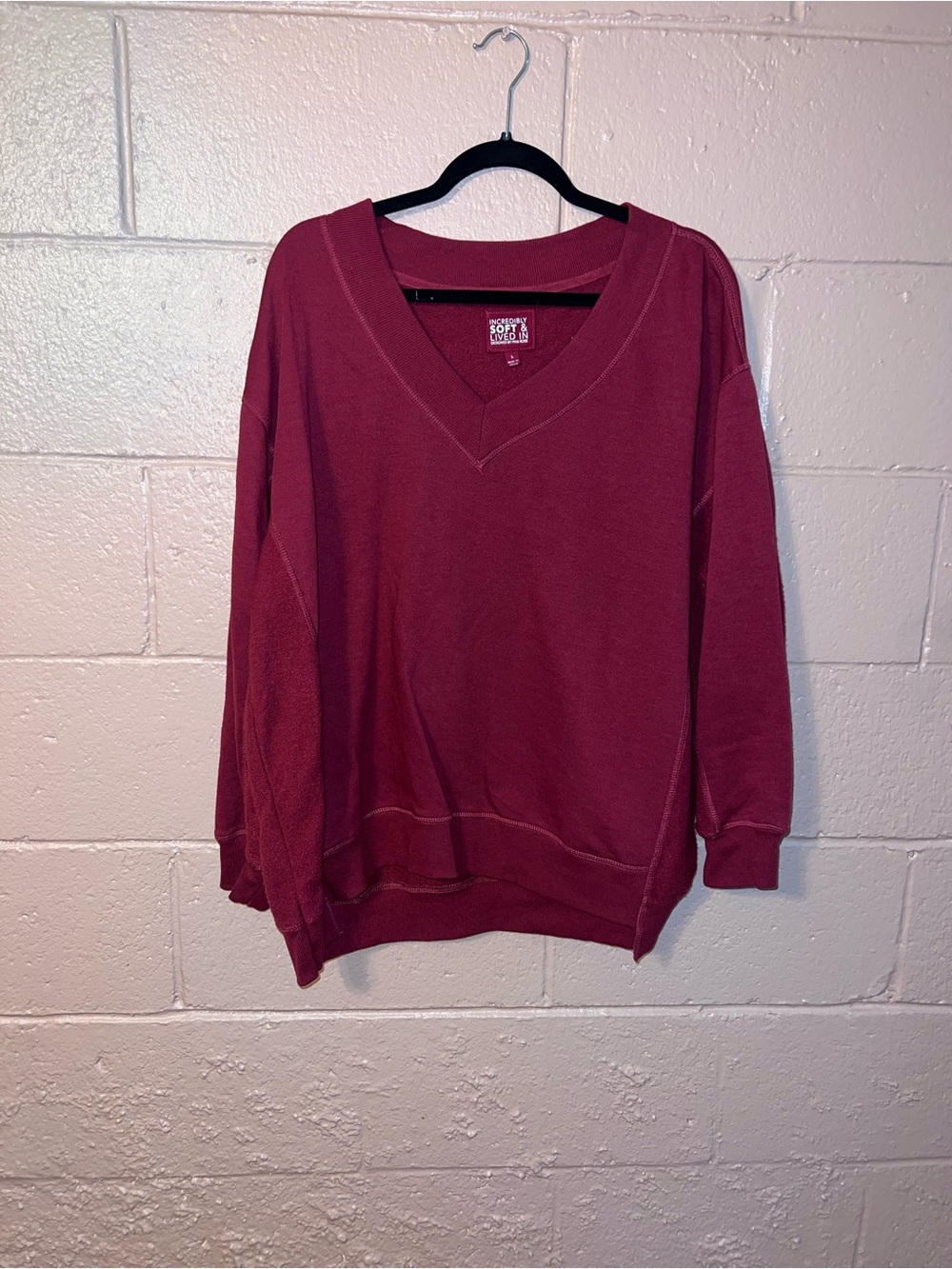 Pink Rose Burgundy V-Neck Pullover Sweatshirt